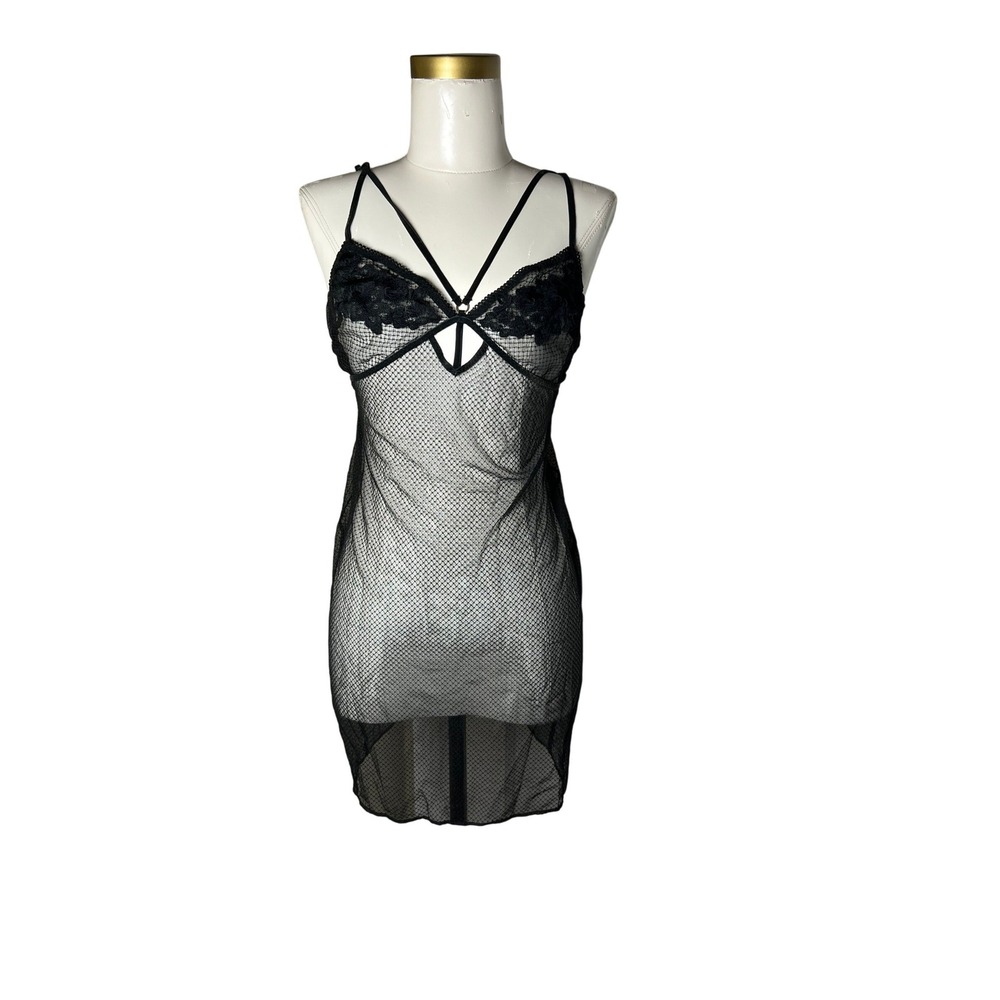 Victoria's Secret Black Mesh Lace Strappy Babydoll‎ Lingerie Chemise S/P